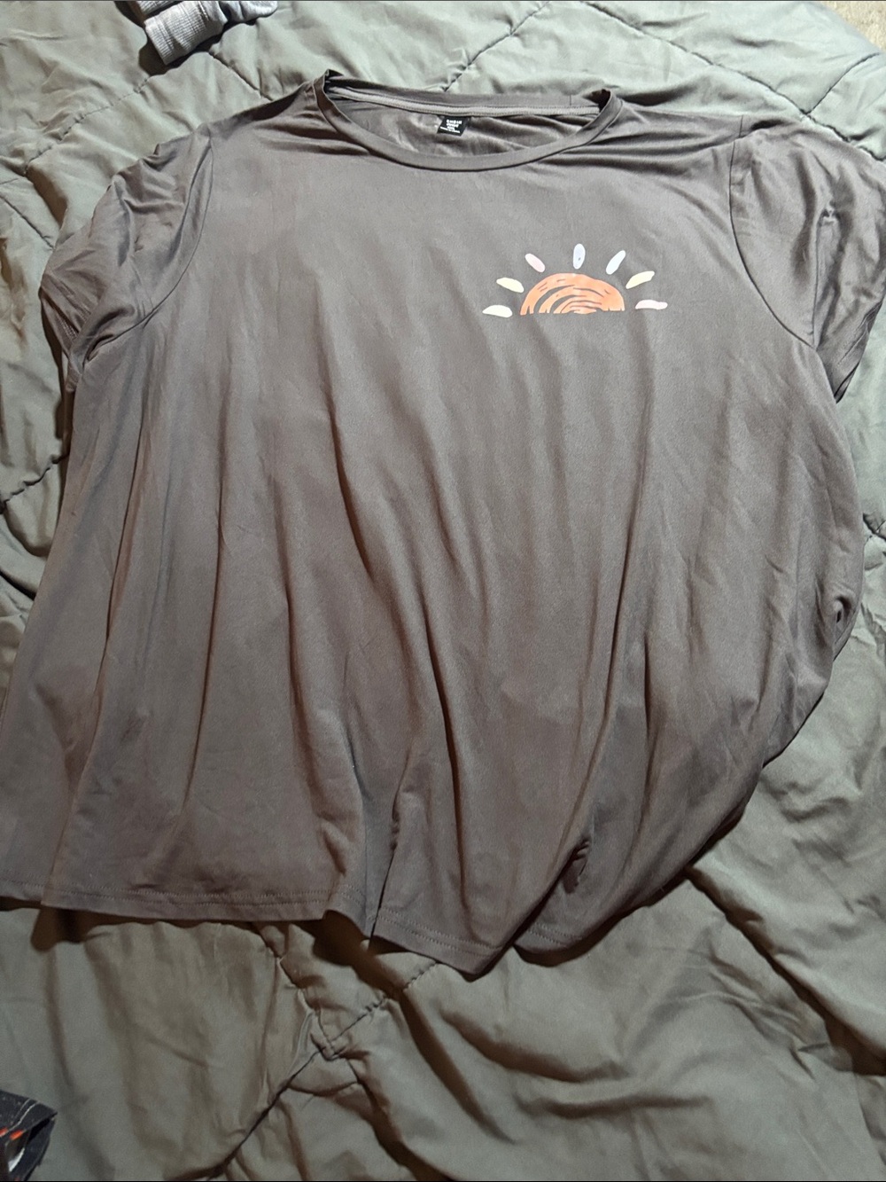 SHEIN Brown Short Sleeve Tee with Orange & White Sun Graphic